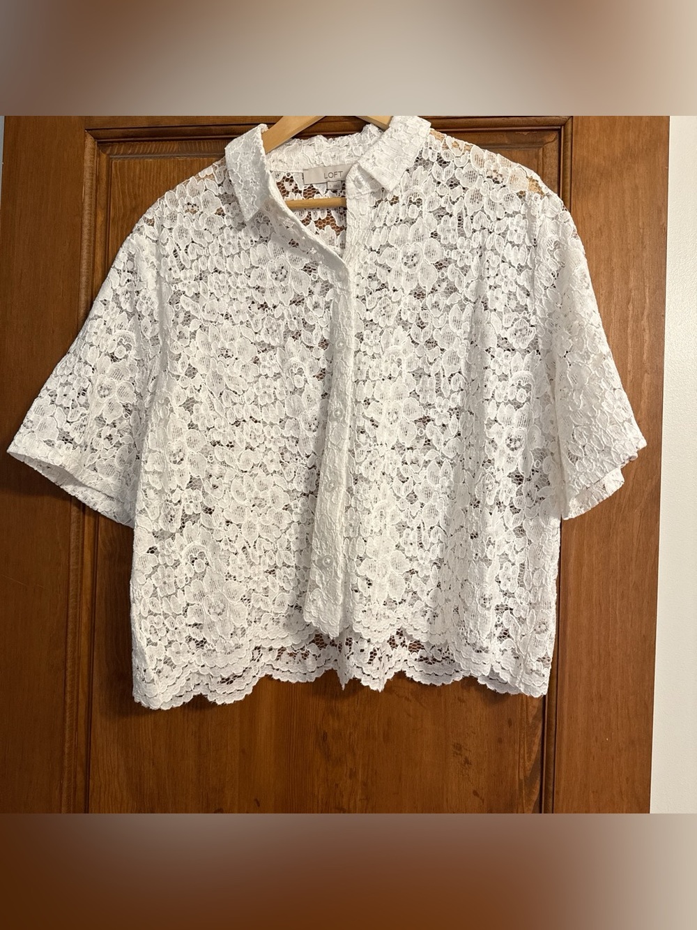 LOFT White Lace Button-Front Short Sleeve Shirt